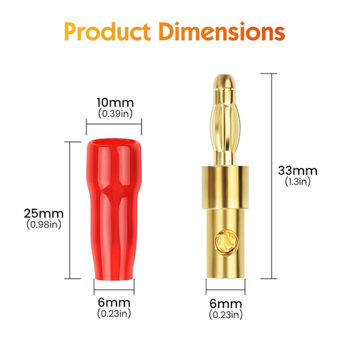 Diospyros 4 mm Gold Plated Open Screw Type Speaker Connector Banana Plugs,12 Count(1 Pack of 6 Pairs)......