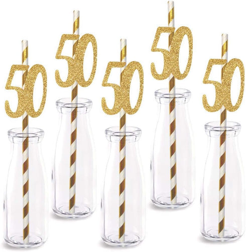50th Birthday Paper Straw Decor, 24-Pack Real Gold Glitter Cut-Out Numbers Happy 50 Years Party Decorative Straws...