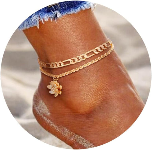 Gold Anklets Bracelets for Women 14K Retro Coin Initial Bracelets Layered Birthflower Anklet Adjustable Handmade Cuban Chain Bracelet Personalized...