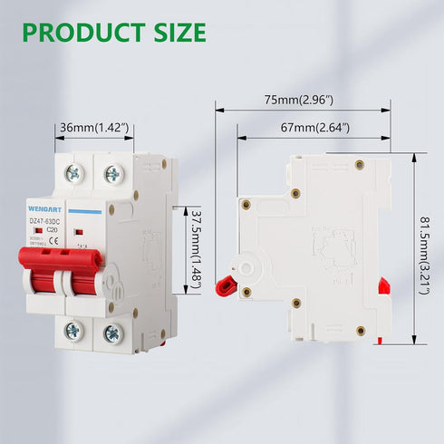 DC Miniature Circuit Breaker DZ47-63Z,500V 2 Poles 10-63A,Work for Battery and Solar PV Systems and Other DC Systems, DIN Rail Mount,DC Disconnect...