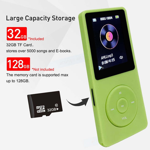 MP3 Player 32GB with Speaker Earphone Portable Mini Green Music Player Support Voice Recorder E-Book 1.8 inch HD Screen Support up to 128GB......