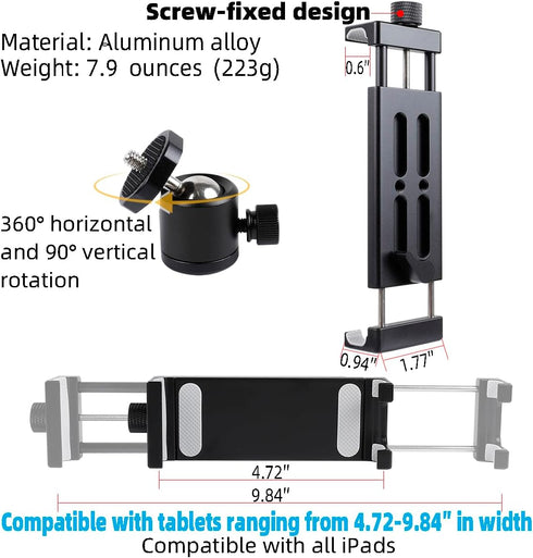 Aluminum Tripod Mount Adapter for iPad, 360 Rotatable Tablet Holder Compatible with iPad Air/Mini, iPad 10.2/9.7, iPad Pro 11/12.9/13, Samsung Tab...