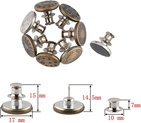 CM 10 Pcs No Sewing Perfect Fit Instant Button Metal Adds Or Reduces an Inch to Any Pants Waist in Seconds 17mm...