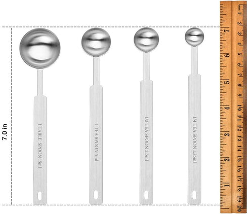 7 Inches Long Handle Measuring Spoons Set, Premium Stainless Steel Metal Spoon, Tablespoon & Teaspoon & Coffee Scoop, for Accurate Measure Liquid ...
