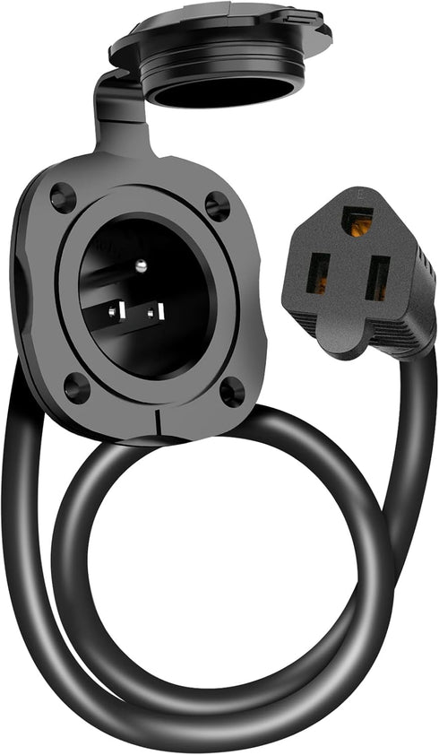 WELLUCK 15 Amp 125V AC Power Inlet Port Plug with Integrated 18" Extension Cord, NEMA 5-15 RV Flanged Inlet with Waterproof & Back Cover, 2 Pole 3...