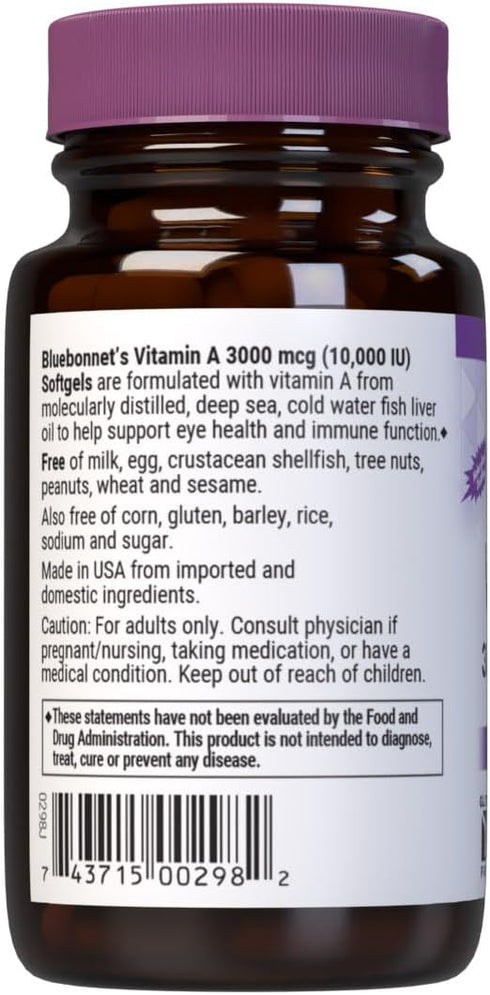 Bluebonnet Nutrition Vitamin A 10,000 IU from Deep Sea, Cold Water, Fish Oil - For Eye Health & Immune Function* - Gluten Free - Dairy Free - Mole...