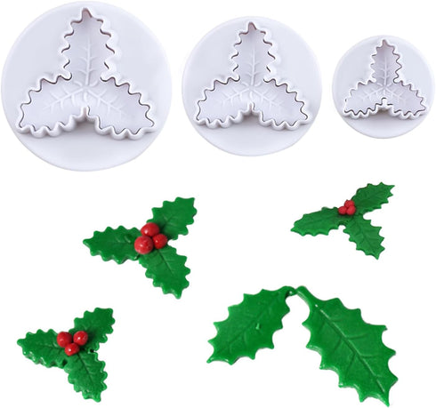 KALAIEN 3pcs Holly Leaf Plunger Cutter Fondant Baking Tools Cake Cookie Sugarcraft Decorating Mould...