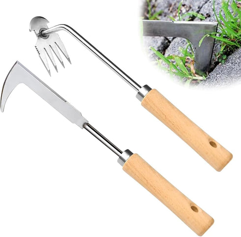 2Pcs Dritnow Weed Puller Tool and Crack Weeder, Paver Crevice Uprooting Weeding Removal Tool, 4 Claw Manual Pulling Weeders with Wood Handle for G...