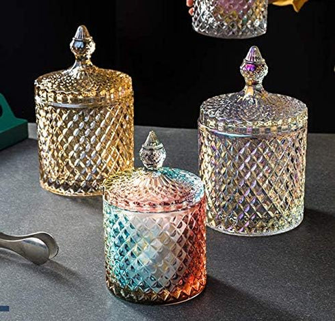 1PCS 300ml/10oz Empty Cylindrical Diamond Crystal Glass Candy Dish Bowl Jars Pots Cans Sample Packing Dispenser Container Storage with Caps for Sn...