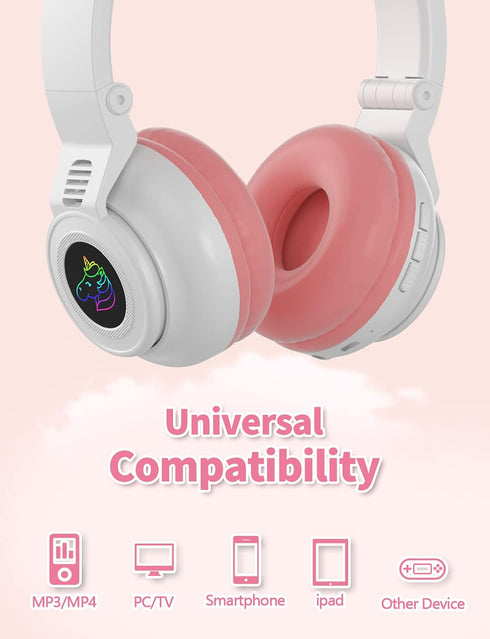 Unicorn Kids Headphones for Girls,Unicorn Bluetooth Headphones Foldable for Girls Toddlers Tablet/pad/Amazon fire,Light Up Kids Wireless Headphone...