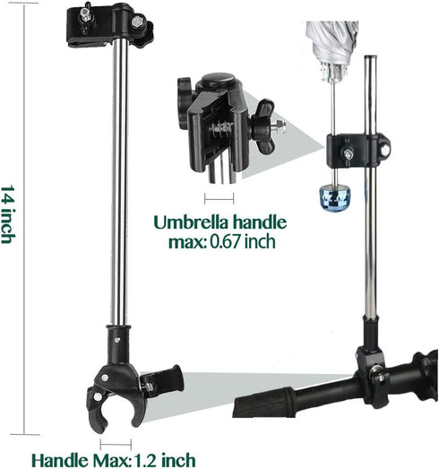 Umbrella Mount Holder, Adjustable Umbrella Mount Stand No Need Wrench to Attach/Detach Umbrella Clamp for Wheelchairs, Walker, Rollator, Biycle, P...