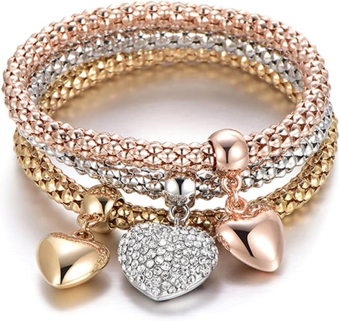 Crystal Charms Multilayer Bracelets - 3PCS Gold/Silver/Rose Gold Corn Chain Bracelet for Women, Tree of Life Heart Shaped Stretch Bracelet...