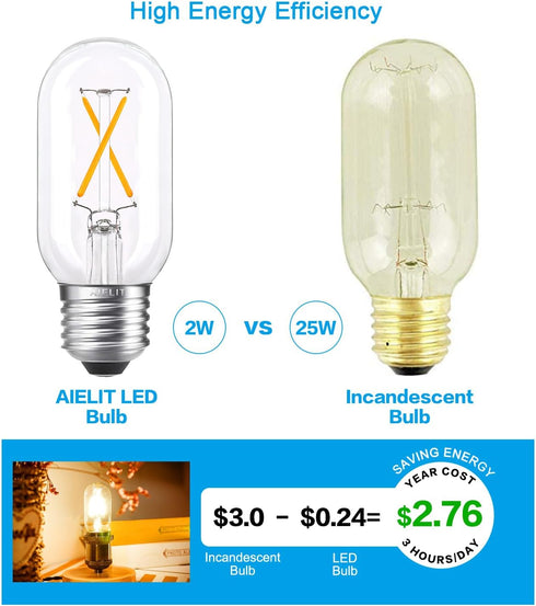 T45/T14 LED Bulb Dimmable, 2W Tubular Light Bulbs 25 Watt Equivalent, Vintage Filament Edison Bulb for Open Style Pendant Lights, E26 Medium Base,...