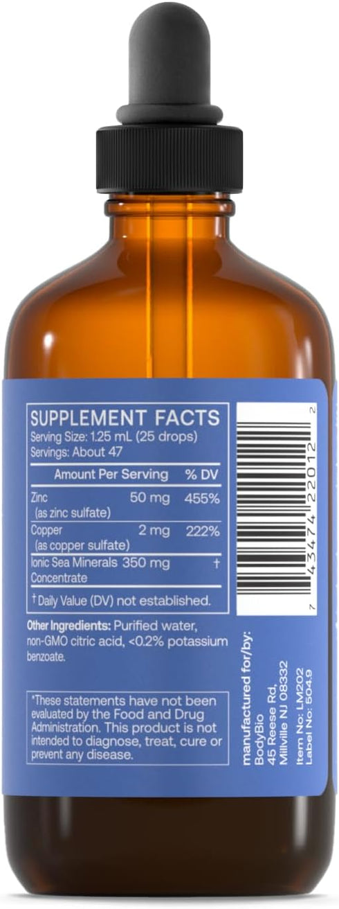 BodyBio Ionic Liquid Zinc Drops 2 oz | Immune Health & Cell Repair | Antioxidant | Ultimate Absorption | No Additives | Concentrated Liquid Zinc S...