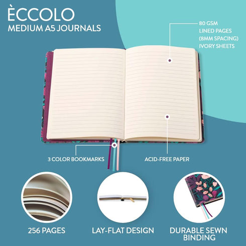 Eccolo Medium Lined Journal Notebook, Flexible Cover, A5 Writing Journal, 256 Ruled Ivory Pages, 3 Ribbon Bookmarks, Lay Flat, Notebook for Work o...