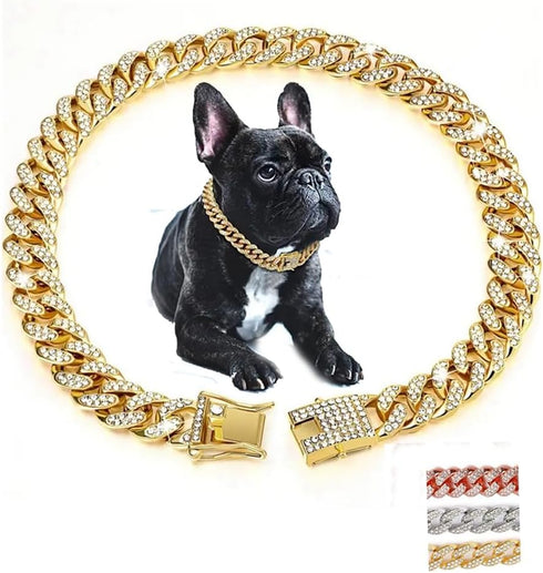 Dog Chain Collars, Diamond Necklace Metal Choke Cuban Link Dog Collar, 13mm Wide Pet Jewelry for Puppy Small Medium Large Dogs Cats Gold (10inch)...