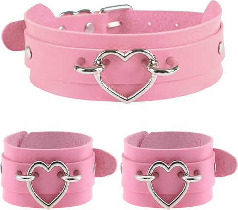 3Pcs Leather Choker Collar Set,Heart Chain Necklace + Wide Wrist Bracelets Combo Punk Gothic Cosplay Jewelry Gift for Women...