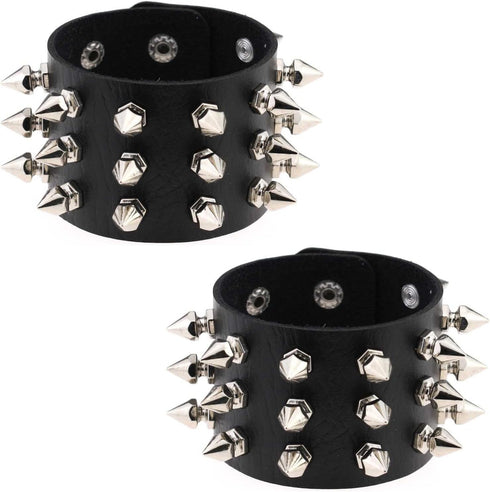 Multicolor PU Simulated Leather Silvert-tone Spikes Rivets Adjustable Buckle Bracelet, Pack of 2 PCs...