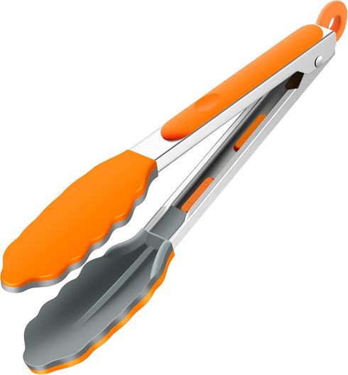 9 Inch Orange Kitchen Tongs, Cooking Tongs with Silicone Tips and Stainless Steel Handle, Non Stick Heat Resistant Tongs for Cooking, Buffet, Sala...