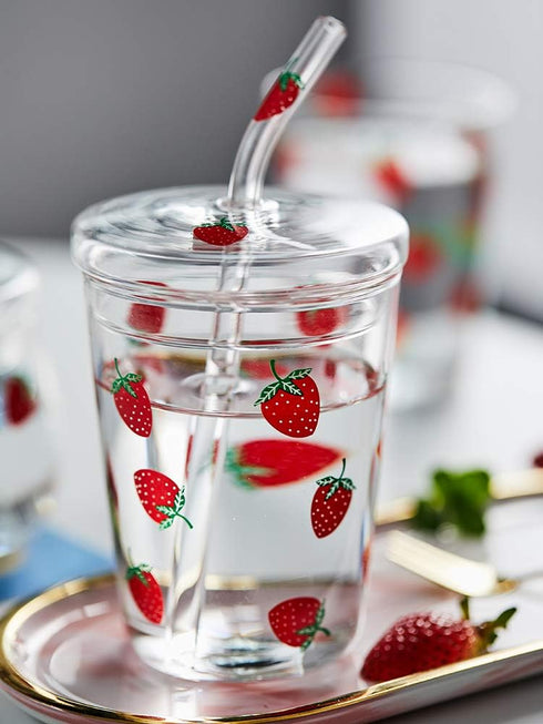10 Oz Lovely Strawberry Clear Glass Tumbler with Lid and Straw....