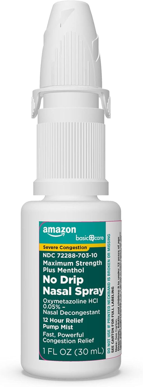 Amazon Basic Care No Drip Severe Congestion Nasal Pump Mist Spray, 12 Hour Relief, Oxymetazoline HCl, Maximum Strength Plus Menthol, Steroid Free,...