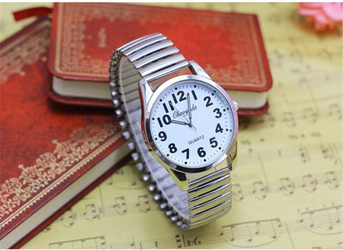 Big Dial Men’s Women's Easy Tto Read Sliver Stainless Steel Digital Watch Spring Strap Bracelet Elastic Wrist Watches (Dial 40 White)...