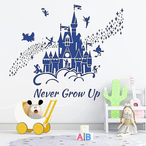 Supzone Castle Wall Stickers Fairy Tale Castle Never Grow Up Quotes Stars Wall Decor for Baby Nursery Room Kids Bedroom Wall Decal-Navy Blue...