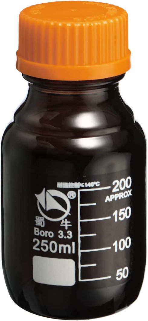 PATIKIL 250mL Reagent Media Bottle, 1Pcs Round 3.3 Borosilicate Glass Graduated Storage Bottle with Yellow Screw Cap for Chemistry Lab Universitie...