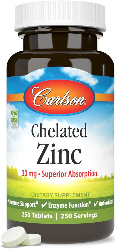 Carlson - Chelated Zinc, 30 mg, Chelated Zinc Supplement, Zinc Glycinate Chelate, Superior Absorption, Immune Support & Enzyme Function, Zinc Tabl...