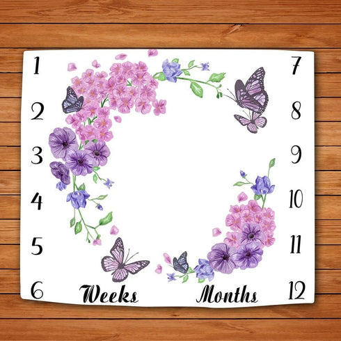 Baby Age Blanket Purple Floral Butterfly Baby Monthly Milestone Blanket Newborn Photo Baby Memory Blanket for Girls 48x40 Inch Baby Growth Chart S...
