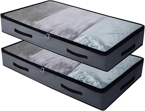 AMJ Foldable Underbed Bags - Pack of 2, Transparent Zip Lid Under Bed Storage Bags for Bedroom Wardrobe, Washable, Dark Gray...