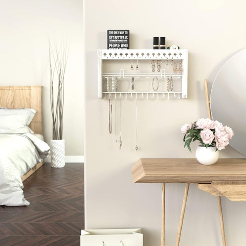 JackCubeDesign - Wood Wall Mount Jewelry Organizer with Metal Hooks for Necklaces, Ring, Earrings (White Wood) - MK460C...