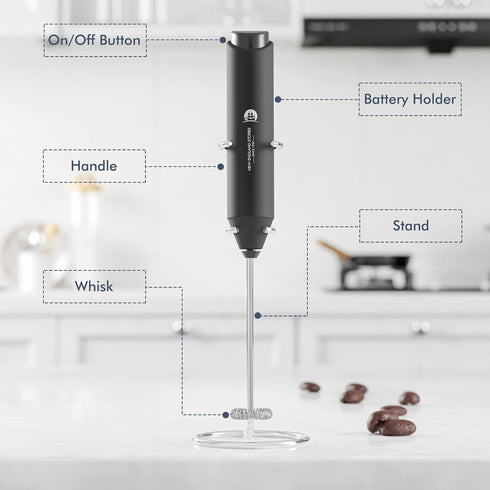 Powerful Milk Frother Handheld Foam Maker, Mini Whisk Drink Mixer for Coffee, Cappuccino, Latte, Matcha, Hot Chocolate, With Stand, Black...