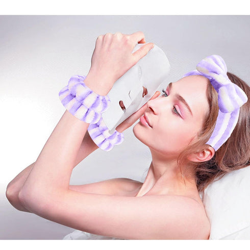 Spa Headband and Matching Wrist Bands for Washing Face, Fuzzy Skincare Bow Headbands, Soft Facial Makeup Head Bands, Shower Hair Sleepover Party S...