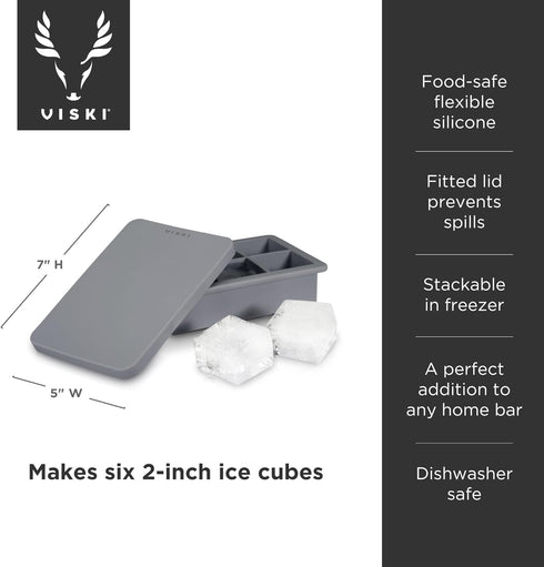 Viski Whiskey Ice Cube Tray with Lid, Large Makes Six 2-Inch Ice Molds, Perfect for Cocktails, Whiskey, Bourbon, and More, Stackable Silicone Mold...