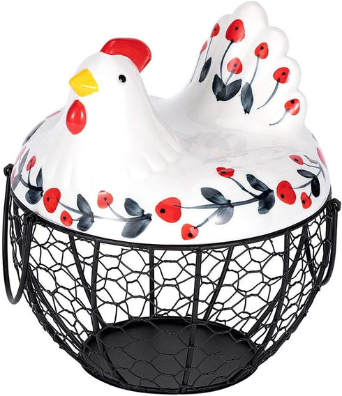Chicken Design Ceramic Egg Storage Basket Iron Basket Holds 20-25 Eggs, Egg Holder, Organizer Case, Container Egg Basket Holder...