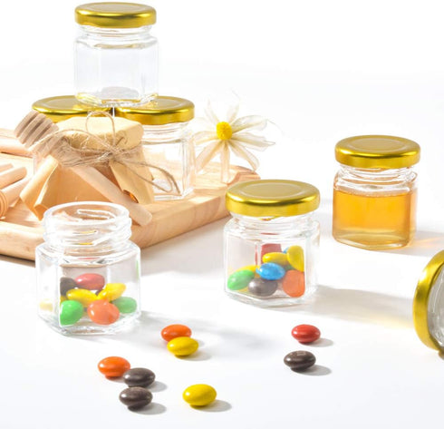 1.5oz 6Pack Mini Glass Hexagon Jars Gold Lids, Bee Charms Honeybee Pendant, Honey Dipper Sticks, Jute Tag String?Wedding Baby Show Thank You Party...