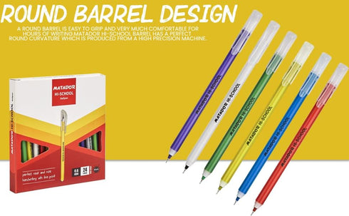 Matador HI-SCHOOL Ballpen, Fine-Point (0.6 mm), Black Ink, 6 different Colorful Bodies, Round Barrel Design, Smooth & Instant Writing, 24 Counts...