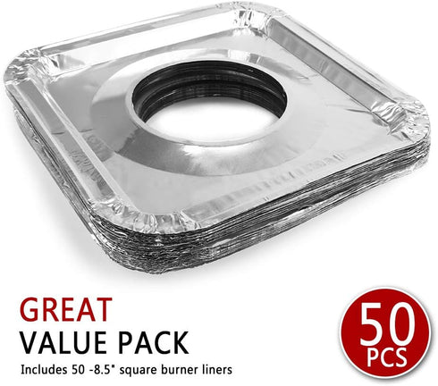 Aluminum Foil Gas Stove Burner Liners, 50 Pack Stove Burner Covers Disposable Square Stove Bib Liners Gas Rangetop Protectors Cooktop Replacement Keep Stove Clean Square 8.5"