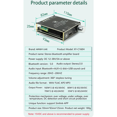 C160H TDA7498E Bluetooth 5.0 Digital Power Amplifier Board 12-36V AUX 2 x 160W Speaker Stereo Audio AMP Module Home Music Input DC12-36V...