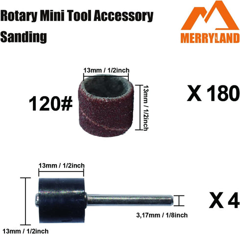 Merryland Drum Sander Sanding Band for Dremel 184pcs, 120# 1/2" Sanding Sleeve 180pcs and Mandrel 4pcs Rotary Tool, Electric Power Tool Accessory ...
