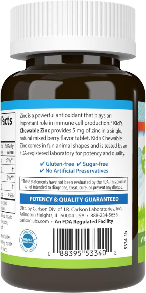 Carlson - Kid's Chewable Zinc, 5 mg, Health Support, Natural Mixed Berry Flavor, 160 Tablets...