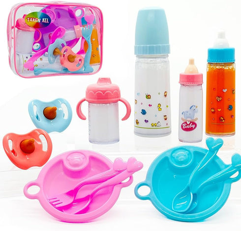 Baby Doll Accessories Magic Bottle set Magic Disappearing Milk Juice Bottles Sippy Cups with Pacifiers Bowl Spoons, Doll Bottle Toys Feeding Prete...