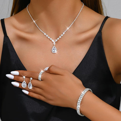 Unicra Bridal Wedding Jewelry Set Silver Rhinestone Necklace Earrings Bracelet Ring Sets Formal Costume Jewelry for Women and Brides...