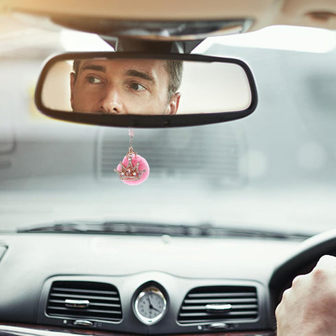 Pink Bling Car Accessories for Women Furry Pom Pom Crown with Pearl Chain Car Mirror Hanging Accessories for Women...