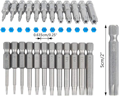 12 Pack Torx Head Screwdriver Bit Set,DanziX 1/4 inch Hex Shank T5-T40 S2 Steel Security Tamper Proof Star 6 Point Screwdriver Tool Kit with 1 Pac...