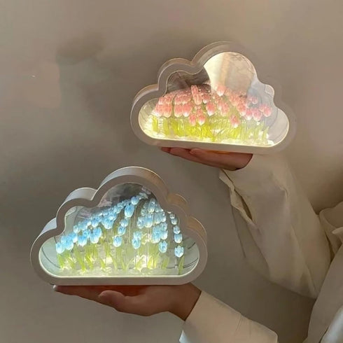 DIY Cloud Mirror Tulip Lamp, Cloud Mirror Tulip Lamp, Newest Bedroom Tulip Double Mirror Lamp, Artificial Flower Bedroom Sleep Table Lamp, Bedroom...