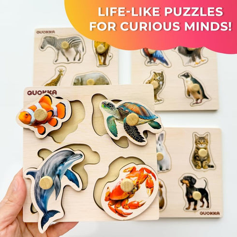 QUOKKA Wooden Puzzles for Toddlers 1-3 – 4 Set Pegged Puzzles for Kids Ages 2-4 – Animal and Birds Learning Toy for Kids – Gift Realistic Educatio...