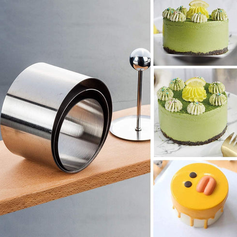 Set of 3 - Round Stainless Steel Cake Rings, Mousse Cake Ring Mold with Press Set...