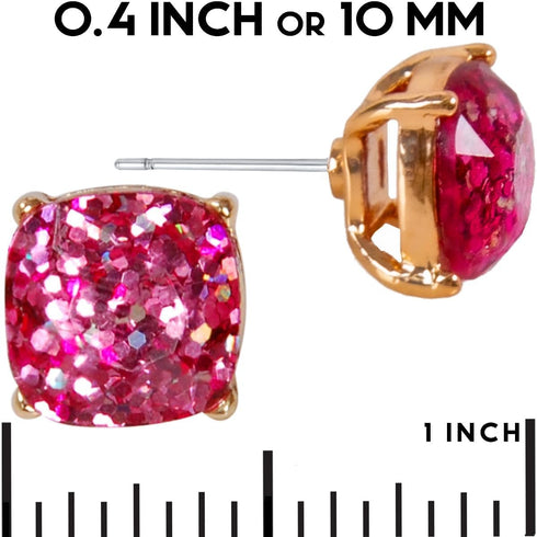 Humble Chic Small Square Stud Earrings for Women - 10mm Gold-Tone Glitter Statement Post Ear Studs...